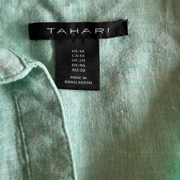 Tahari Aqua Green Linen Rayon Collared V Neck Top Size 1X - Picture 3 of 6